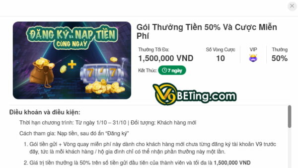 Khách hàng VIP tại V9bet gửi tiền lại sẽ nhận khuyến mãi 50K